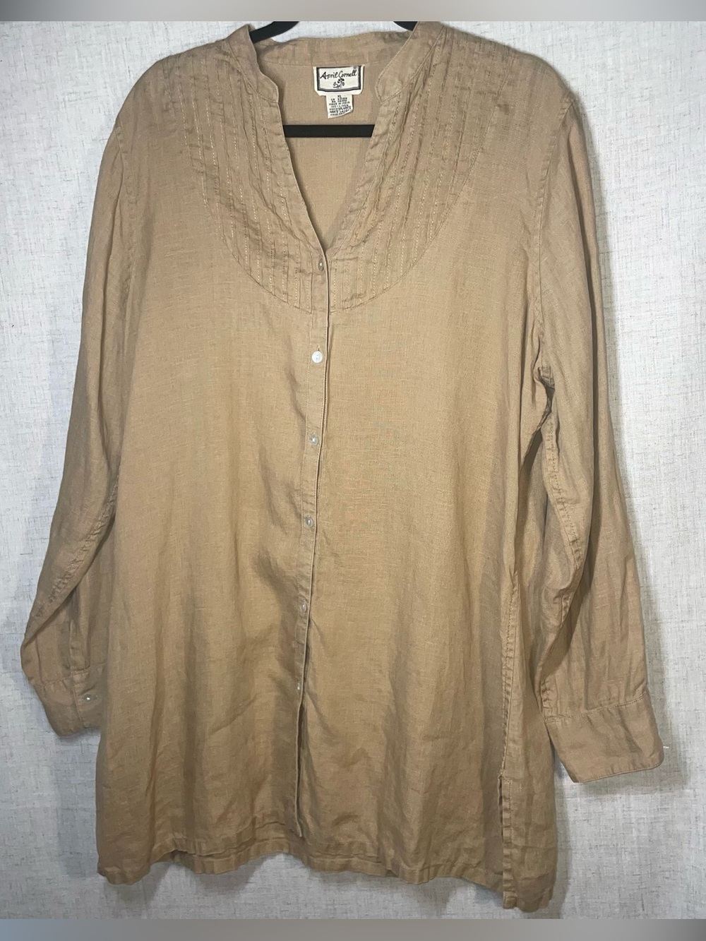 April Cornell 100% Linen Tan V Neck Button Tunic Top Size XL Lagenlook Natural